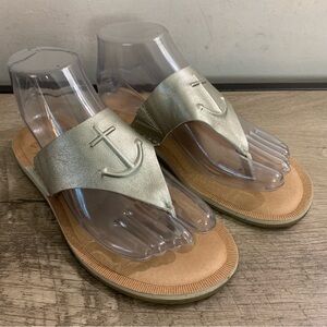 Women's Metallic SILVER Leather SEAPORT Top-Sider THONG Anchor BEACH SANDALS 5.5